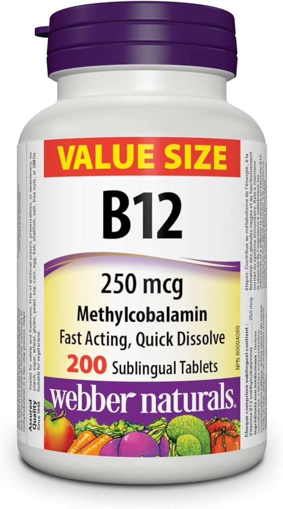 Webber Naturals B12 250 mikrog Methylcobalamiini, 200 Resoriblettiä