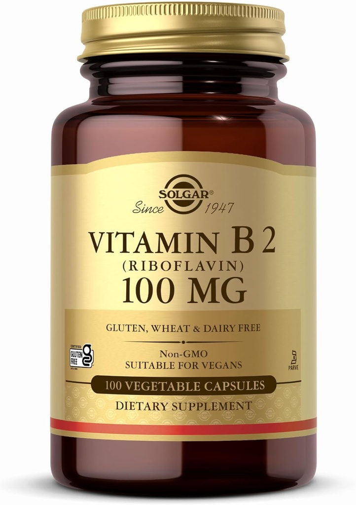 Solgar B2-vitamiini (Riboflaviini) 100 mg - 100 Vihanneskapselit - ei-GMO, Vegaani, Gluteeniton, Dairy Free, Kosher - 100 tarjoilua