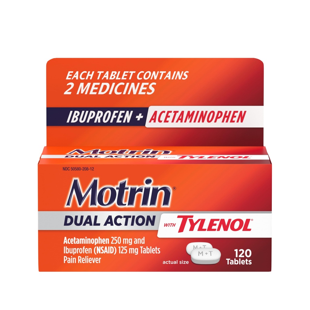 Motrin Dual Action with Tylenol, Ibuprofeeni & asetaminofeeni Nopeasti toimiva Dual Action Pain Reliever for Minor Aches & Pains, Ibuprofeeni (NSAID) 125 mg & acetaminophen 250 mg, 120 ct