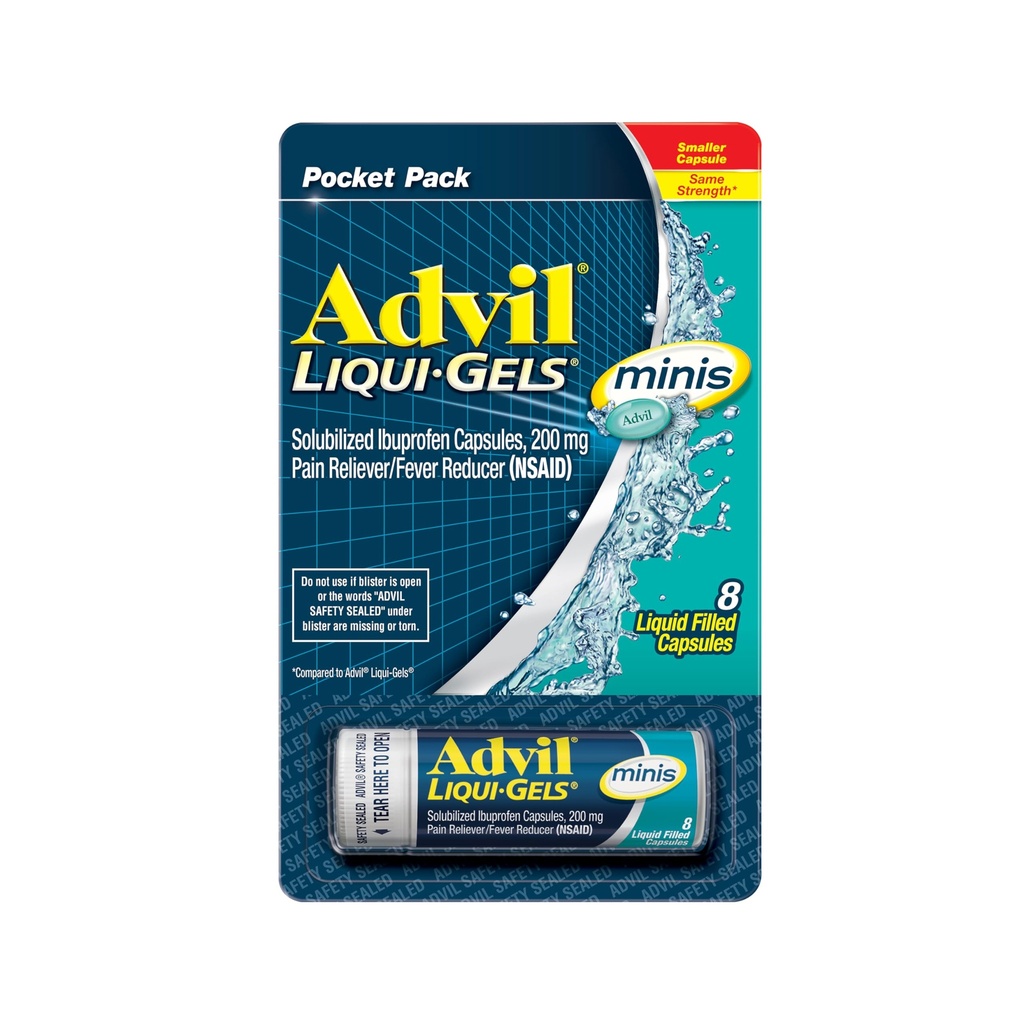 Advil Liqui-Gels minis Pain Reliever and Fever Reducer, Pain Medicine for Adults with Ibuprofeeni 200mg for Pain Relief - 8 Liquid Filled Capsules