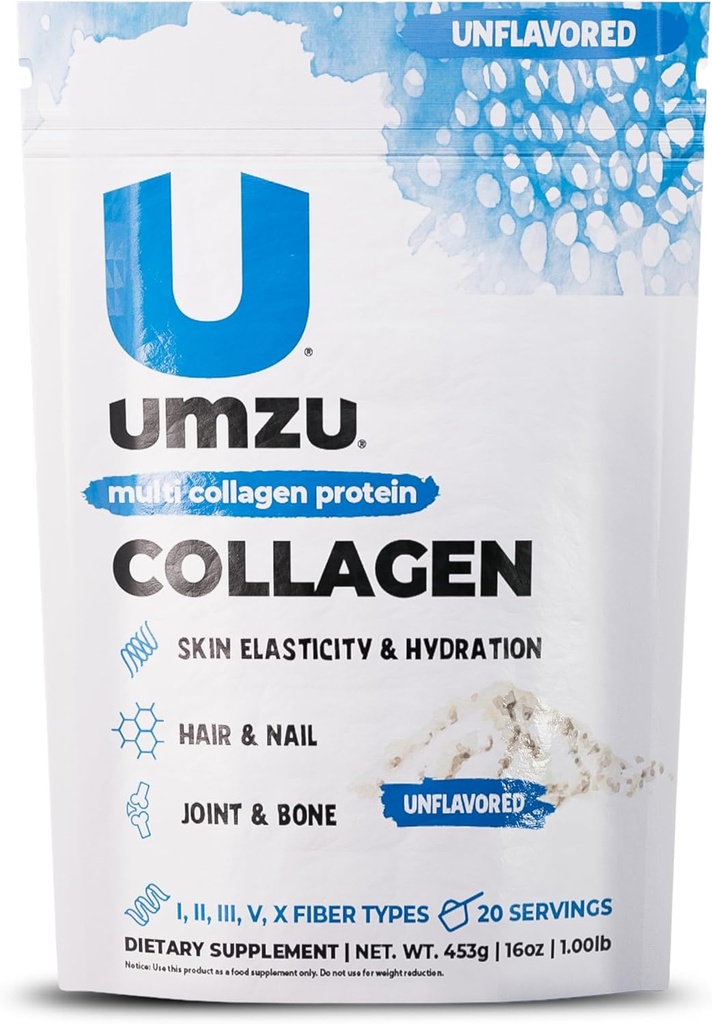 UMZU ZuCollagen Hydrolyzed Protein Powder | 5 Collagen Peptide Typer för Hälsosamt Hår, Hud, Naglar, Joints & Gut | Låg Kalori, Hög Protein (20g Protein per Servering | Unflavored)