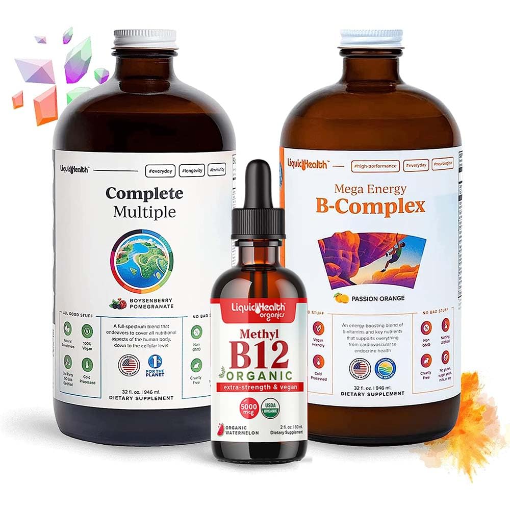 LIQUIDHEALTH High Performance Vitamin Bundle för vuxna med Mega Energy B-Complex, komplett multipla multivitamin och organiska vitamin B12 droppar - Boost Natural Energy & Improve Athletic Performance