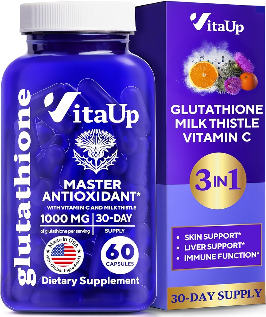 Alennettu glutationi Supplement 1000 mg - USA Made Glutatione Kapselit C-vitamiinia ja maitoa Thistle maksan hoitoon, ihon tuki ja immuunihyvinvointi - 60