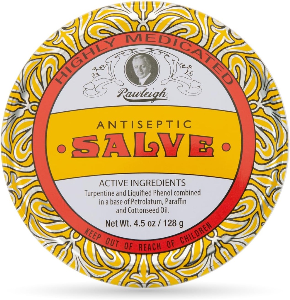 Rawleigh Antiseptic Salve Iconic Yellow Big Tin: 4,5 oz, Natural, Multi-Purpose Ointment Soothes Skin Cuts, Bruises, Irritationer, med Turpentine, Phenol, Cottonseed Oil, Original Formel - Pack med 1