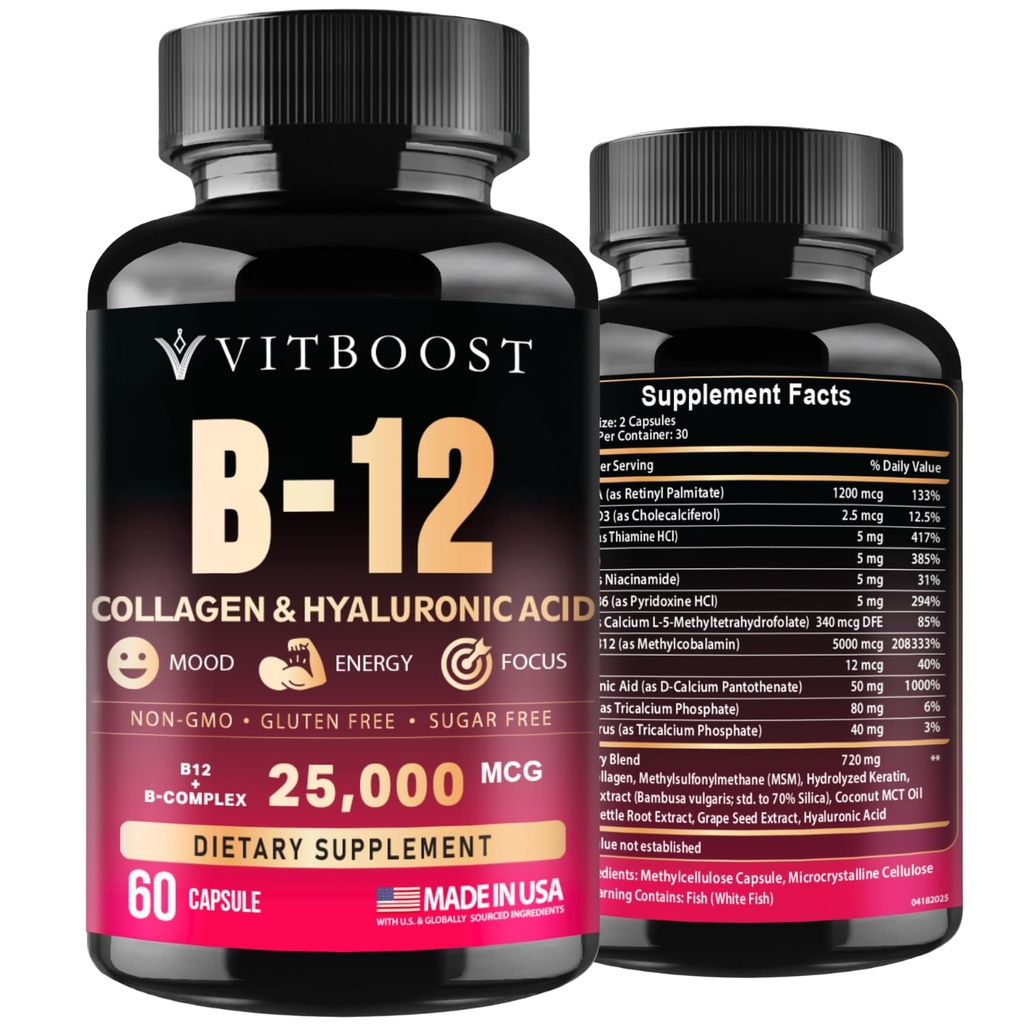 B12, jossa on hyaluronihappoa, kollageenia ja folaattia... 25000 mikrog B12 Complex...
