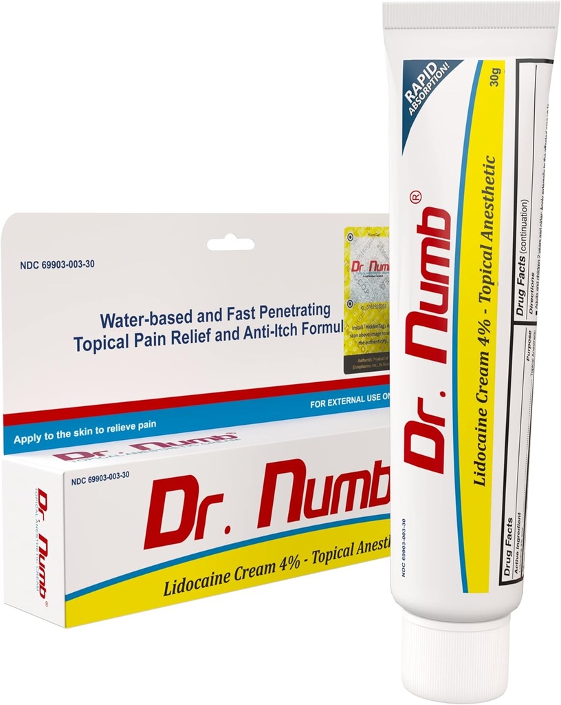 Dr Numb 4% Lidocaine Cream - aktuell anorektal för tillfällig lindring av hemorrojder och lokalt obehag - med vitamin E - 30g (1 Pack)
