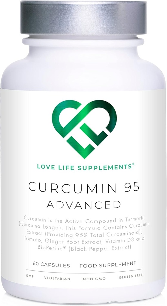 Curcumin 95 Advanced, 60 kapselia, suuri vahvuus Curcumin (The Active Component of Turmeric) kanssa 95% Curcuminoids + BioPerine® (Black Pepper Extract), D-vitamiini, Tomaatti ja inkivääri juuri, GMP hyväksytty