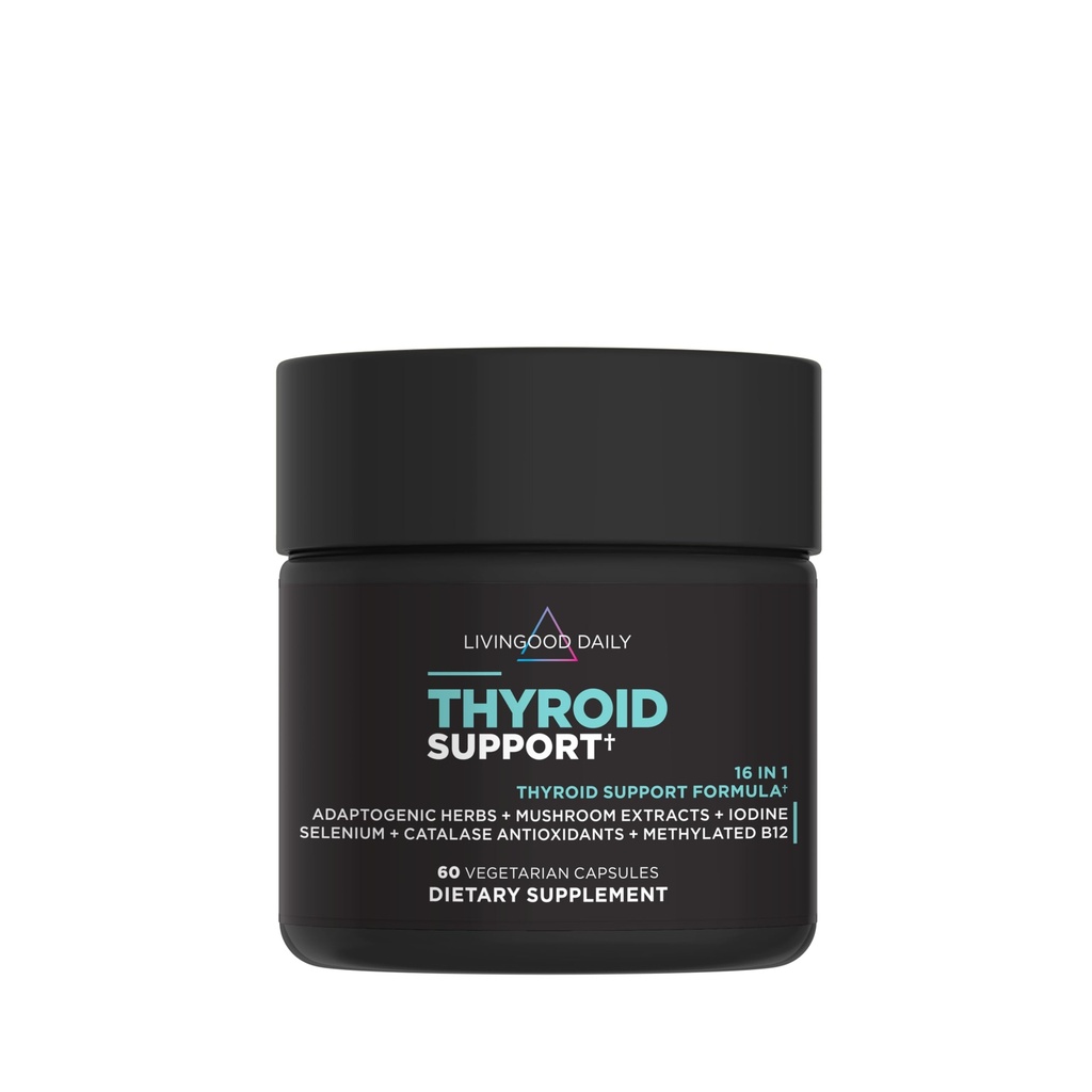 Livingood Daily Kilpirauhasen lisäosa, 16-in-1 Wellness Blend with Adaptogenic Yrtit, Jodi, Magnesium ja Selenium, Kilpirauhasen tuki naisille ja miehille, kasvissyöjäkapselit, Gluteeniton, 60 kreivi