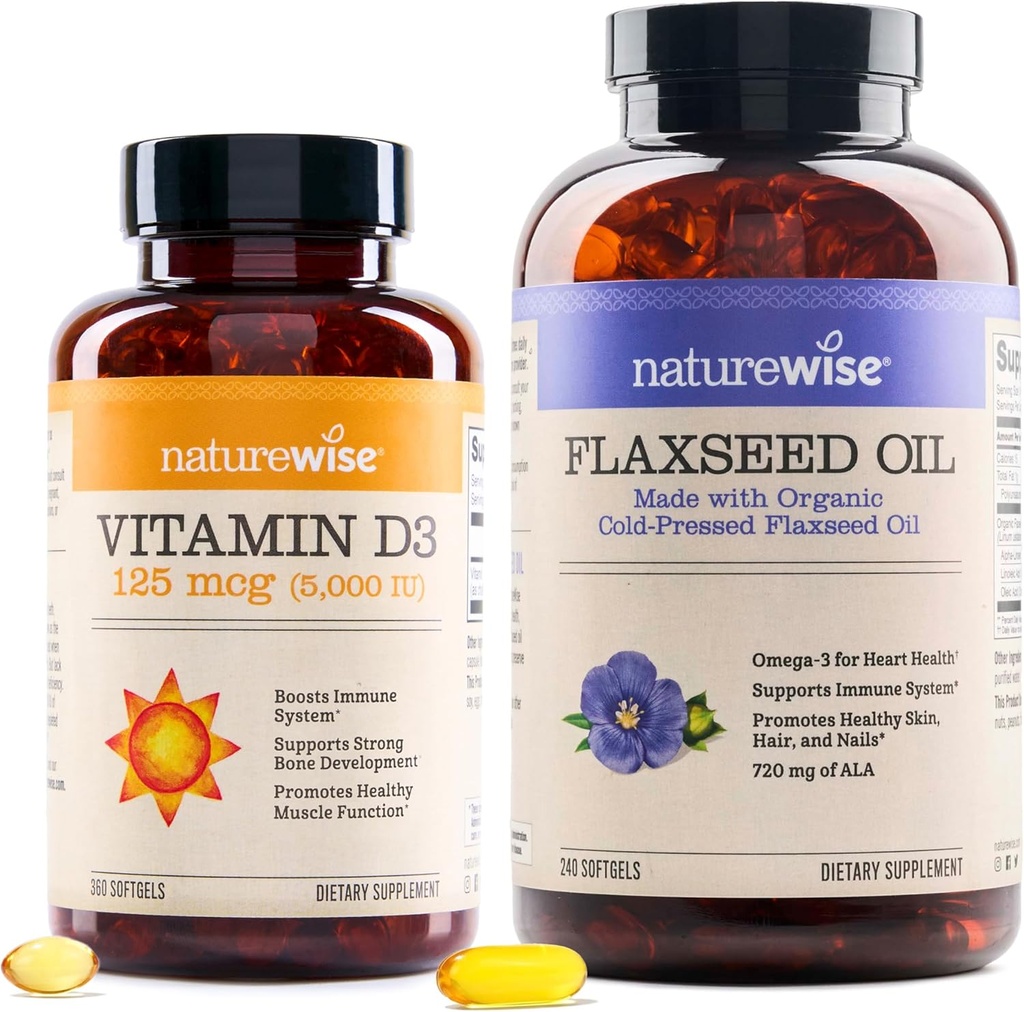 NatureWise Vitamin D3 5000iu (125 mcg) 1 års Supply for Healthy Muscle Function och Immune Support Organic Flaxseed Oil Max 720mg ALA | Högsta Potens Flax Oil Omega 3