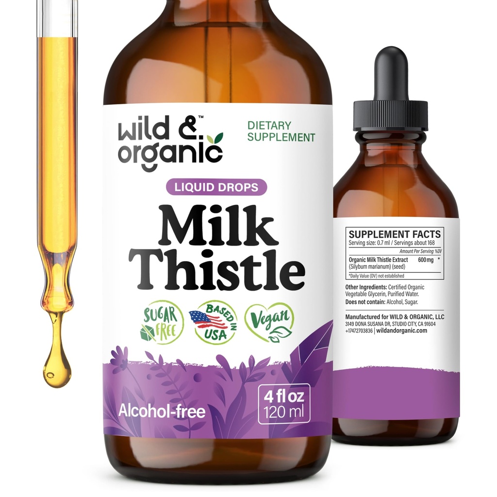 Wild & Organic Milk Thistle Liquid Drops - Liver Cleanse Detox - Silymarin Milk Thistle Supplement for Liver Support - Lisää teehen - Silybum Marianum Seed Extract Tincture - Sokerin ja alkoholin vapaa - 4 oz