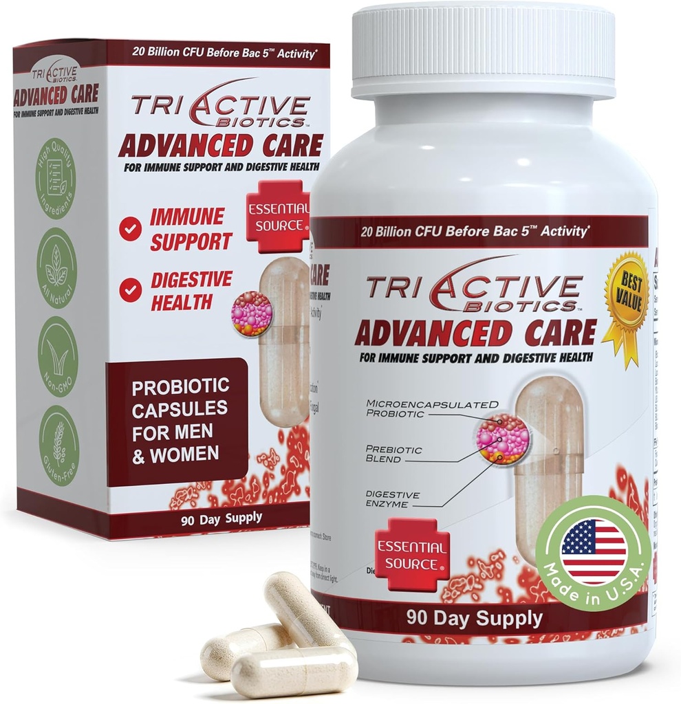 Essential Source TriActive Biotics Advanced Care - 20 miljardia PMY Probiootit Dgestive Health, Immune Support Supplement, Microencapsulated Probiotics for Women & Men, 90 Ct Kapselit