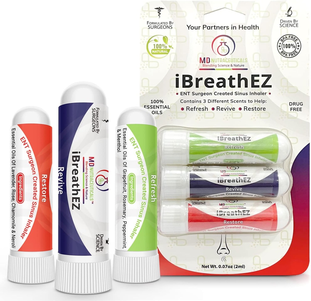 iBreathEZ Nasal Sinus Inhaler Kit Formulerad av ENT kirurger med väsentliga oljor för energi, stress, avkoppling och kall eller allergi lättnad (3 Pack)