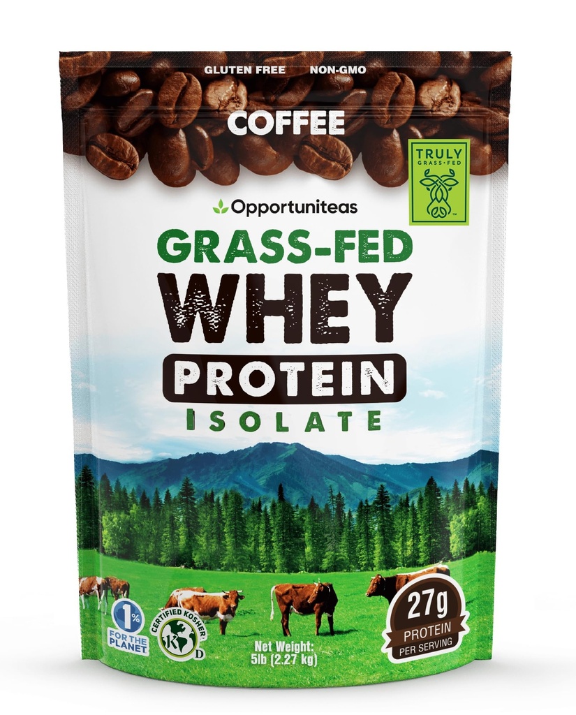 Opportuniteas Grass Fed Coffee Whey Protein Isolate Powder - 27g Protein Powder ilman keinotekoisia makeuttajia, 60mg kofeiini, Hormonittomia lehmiä - 5lb