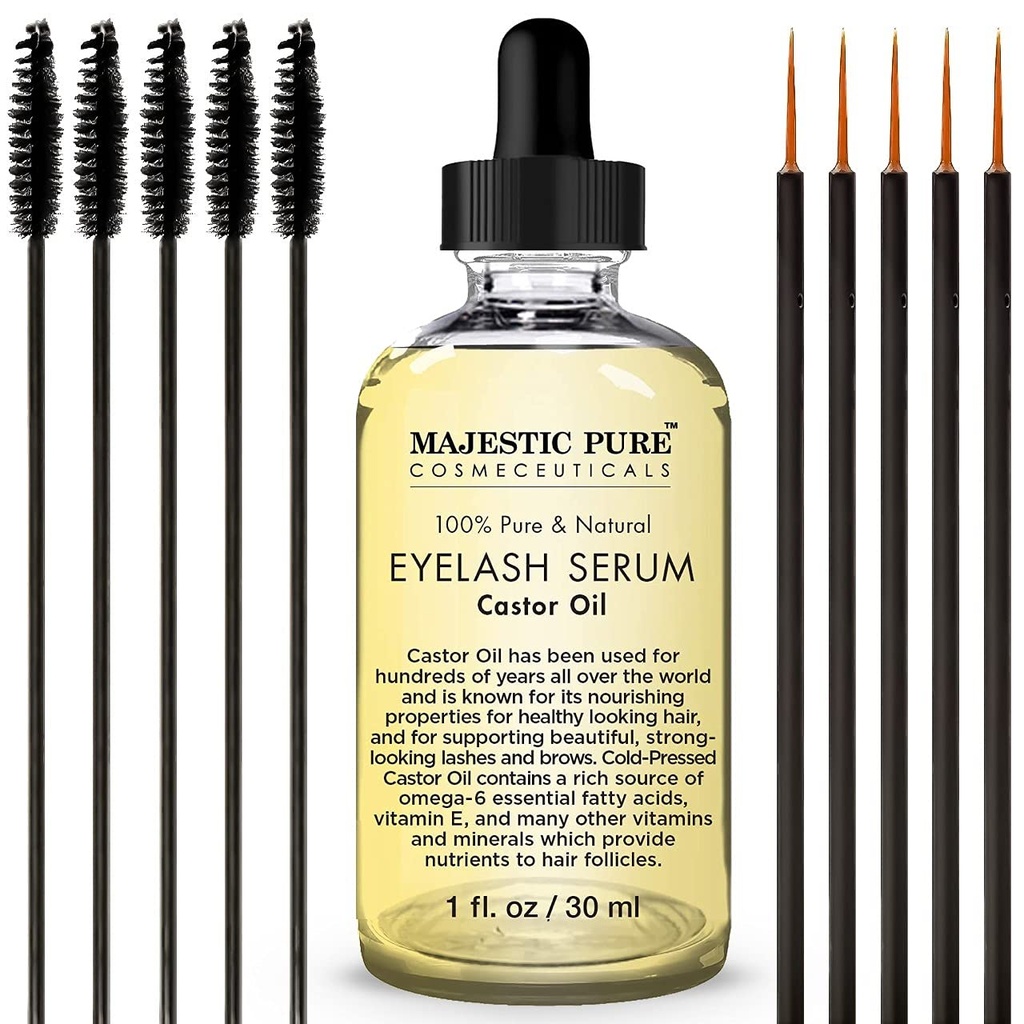 Majestic Pure Castor Oil Eyelash Serum - Apple & Argan Kantasolut - Silmäripsien kasvu Seerumi pidempi paksumpi silmäripsiä, kulmakarvat ja hiukset - vapaa joukko Mascara Brush & Eyeliner Applicator - 1 fl oz