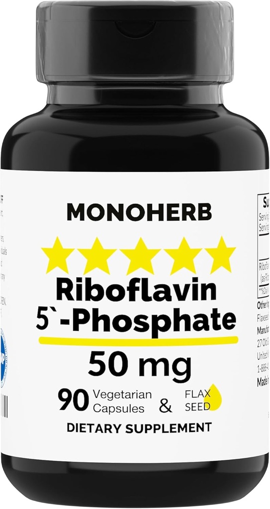 MONOHERB Riboflaviini 5'-Fosfaatti 50 mg - 90 kasviskapselit - Bioaktiivinen B2-vitamiini - valmistettu Yhdysvalloissa