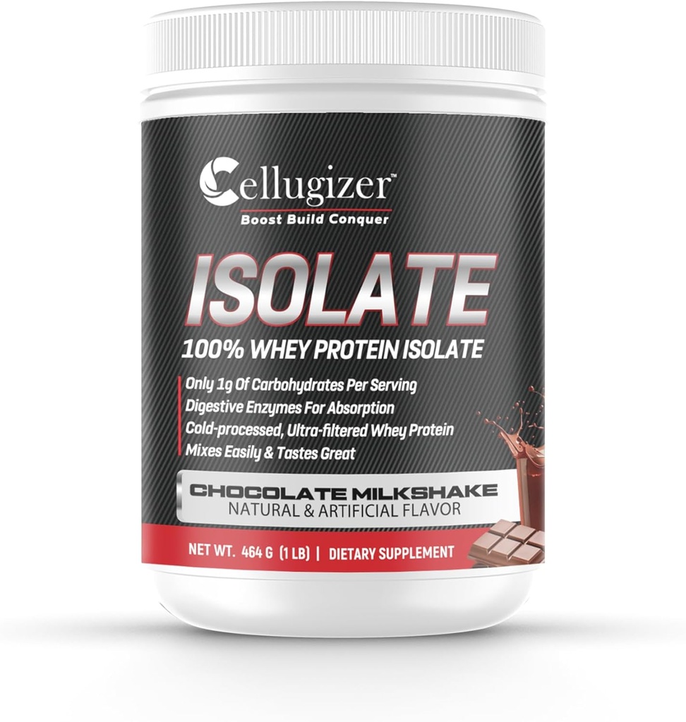 Cellugizer 100% Whey Isolate 1lb, suklaa I 25g proteiinia, nopea digestio I 0g sokeria, matala carb
