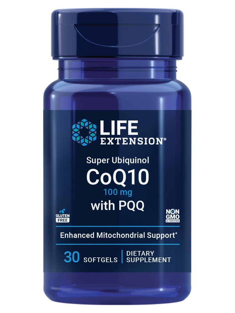 Life Extension Super Ubiquinol CoQ10, PQQ, Coenzyme Q10, pyrrolokinoliinikinoni, Heart Health Supplement, Maksimiabsorptio, 100 mg, ei-GMO, gluteeniton, 30 pehmogeeliä