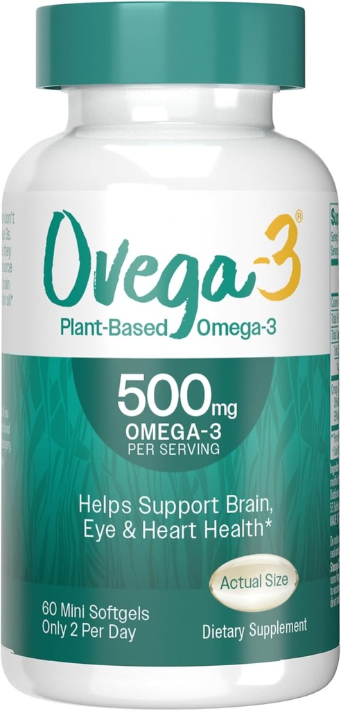 OVEGA-3 Plant-Based Omega-3 Algal Oil Daily Supplement, 500mg, tukee aivot, silmät ja sydän terveys, kaksi mini softgels per päivä, 60 kreivi