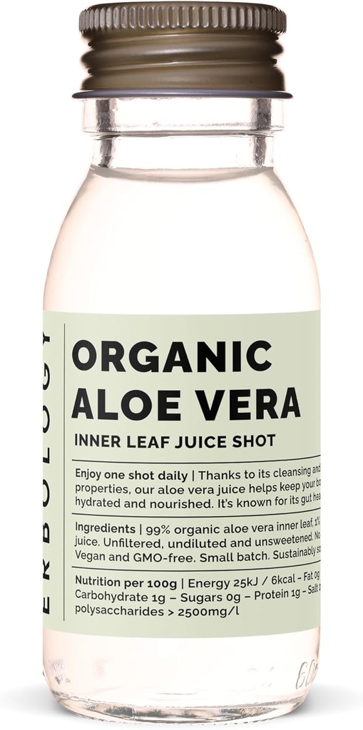 Erbiologia Organic Aloe Vera Juice 12 Daily Shots (2 fl oz) - Immuniteetti tuki ja detox - alkaen Inner Leaf - Suoraan Farm Espanjassa - Laimentamaton - Ei lisättyä sokeria - Ei GMO - kierrätettävä lasipullo