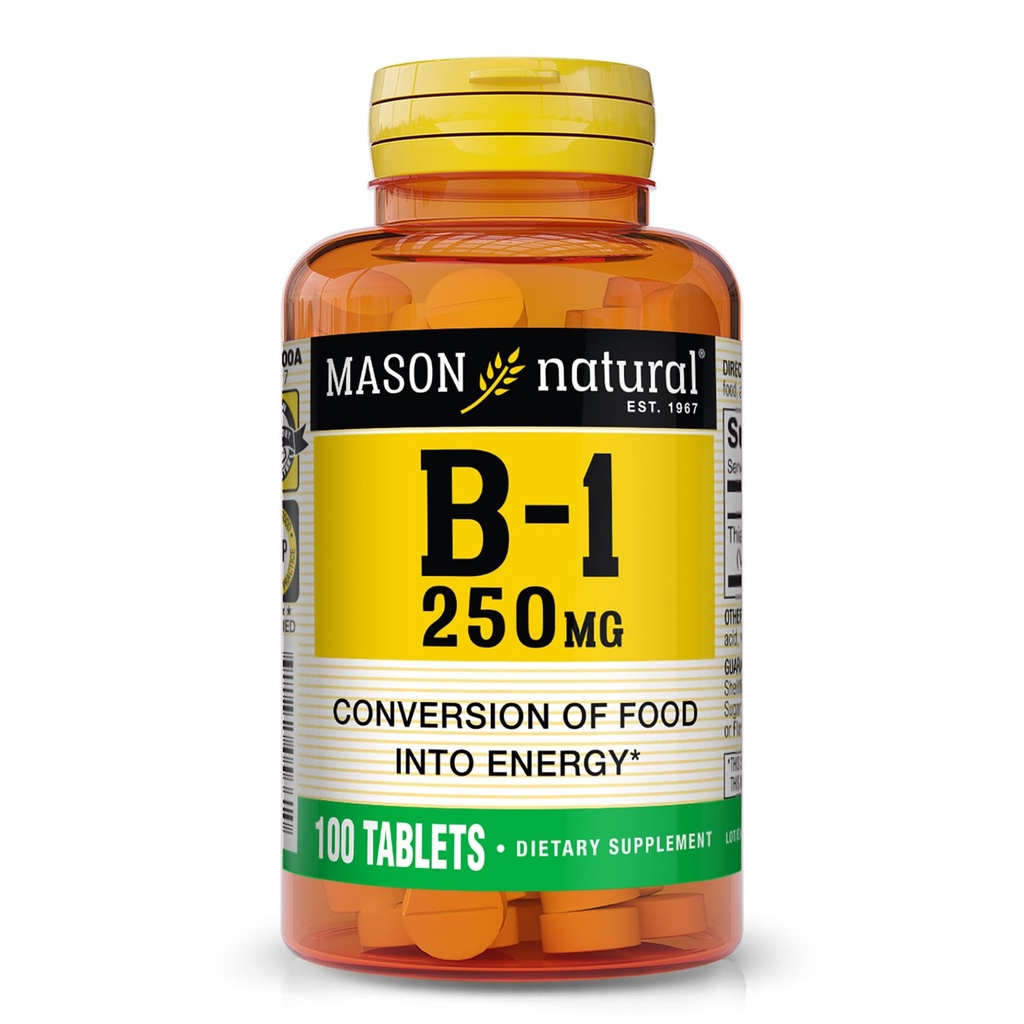 MASON NATURAL-vitamiini B,1 Tiamiini 250 mg, 100 päivän ravintolisä, helppo, Niele tabletti, tukea energian tuotanto ja terve aineenvaihdunta