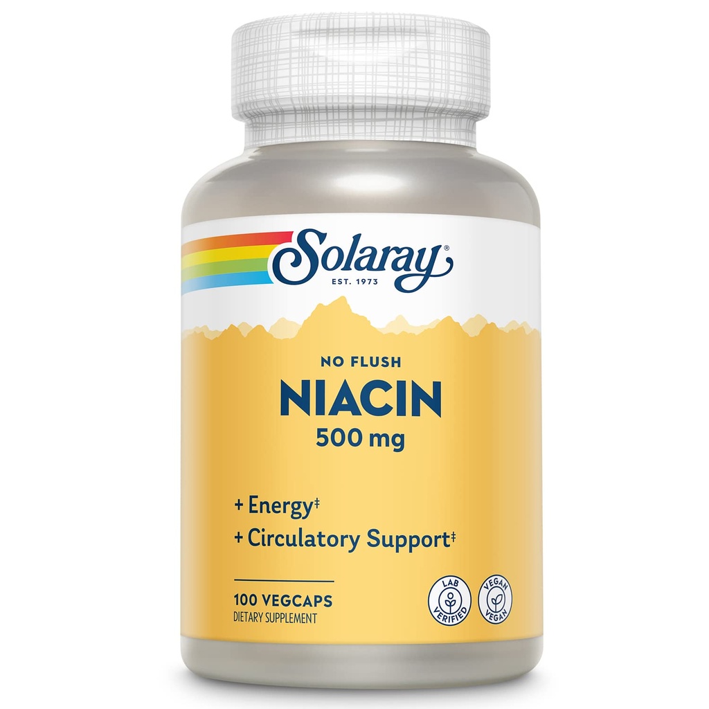 SOLARAY Ei Flush Niacin 500mg, Flush-vapaa B3-vitamiini Niasiini, energia- ja Circulatory System Tuki, Vegan, Lab vahvistettu, 60 päivän Money-Back-takuu, 100 tarjoilua, 100 VegCaps