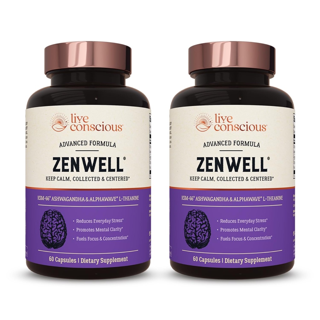 Live Conscious KSM-66 Ashwagandha Supplement w/L Theanine & AlphaWave - ZenWell Everyday Stress Relief, kognitiv, hjärnhälsa - Ashwagandha för män och kvinnor - 60 kapslar (2-pack)