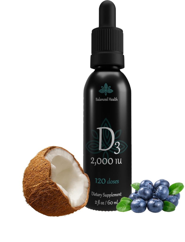Balance Health D3 2 000 IU, 2 Fl Oz, 120 annosta, Blueberry Flavor, Liquid D-vitamiini D Drops w MCT Oil for Faster Imeytyminen, Non GMO kasvissyöjä turvallinen