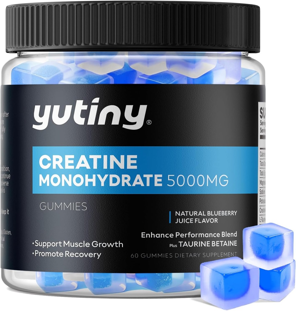 Kreatinmonohydratfyllda gummier, kreatinmonohydrater  Chews för män och kvinnor, extra styrka för muskeltillväxt, blåbär smak, 60 tuggbara, 1 månads leverans