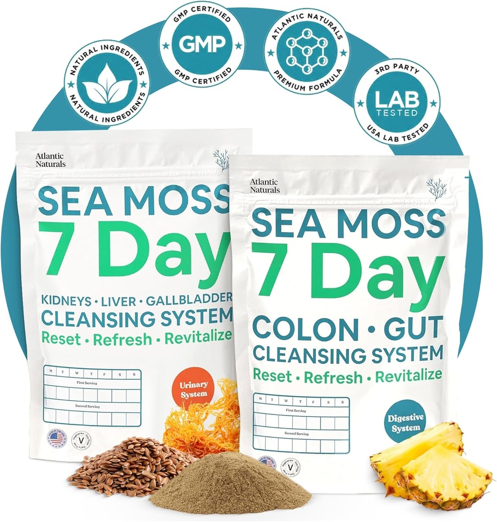 Atlantic Naturals Sea Moss 7-Day Full Body Cleanse Detox Bundle, Colon Cleanse Powder Psyllium Husk Senna Powder & Organic Sea Moss Powder Munuaiset, Maksa, Sappirakko, Ananaksen Flavor Drink Mix