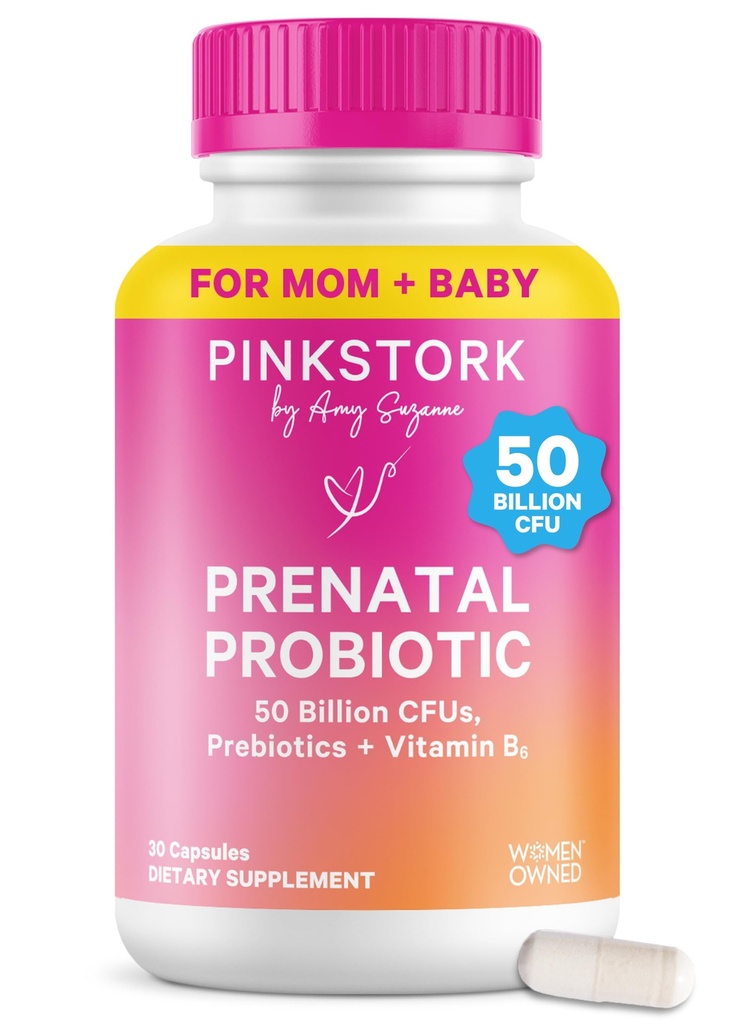 Pink Stork Prenatal Probiootit naisille - 50 miljardia PMY, B6-vitamiini, prebiootit, aamupahoinvointi, Gut Microbiome, Raskaus Probiootti, Immuunituki, Raskaus Pakko - 30 kapselia