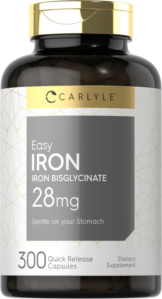 Carlyle Easy Iron Supplement för kvinnor och män | 28 mg | 300 kapslar | som Ferrous Bisglycinate | Non-GMO och Gluten Free