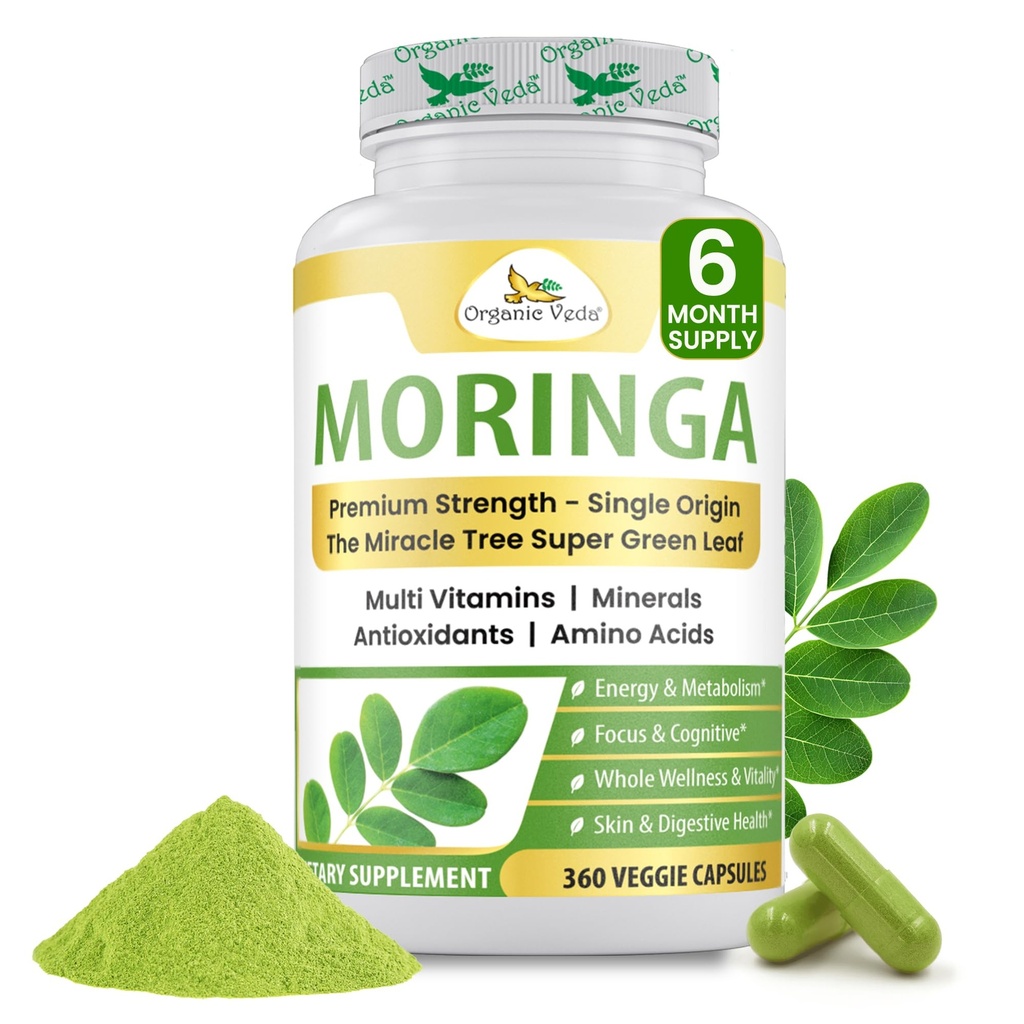 Luomu Veda Moringa Leaf Powder Capsules, 1000mg, 360 Count - True Green Native Organic Moringa Oleifera, Premium Strength Nutrient Dense 100% Pure Leaves - energia, uni ja immuniteetti tuki - Vegan