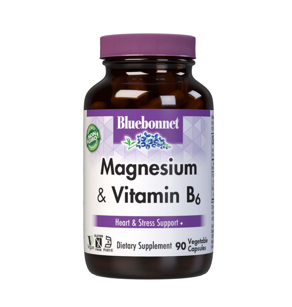 Bluebonnet Nutrition Magnesium & B6 - 400 mg Magnesium Oxide & Aspartate med vitamin B6 25 mg - Hjärt & Brain Magnesium Komplex för kvinnor och män * - Icke-GMO, Vegan, Glutenfri - 90 Vegetabiliska kapslar