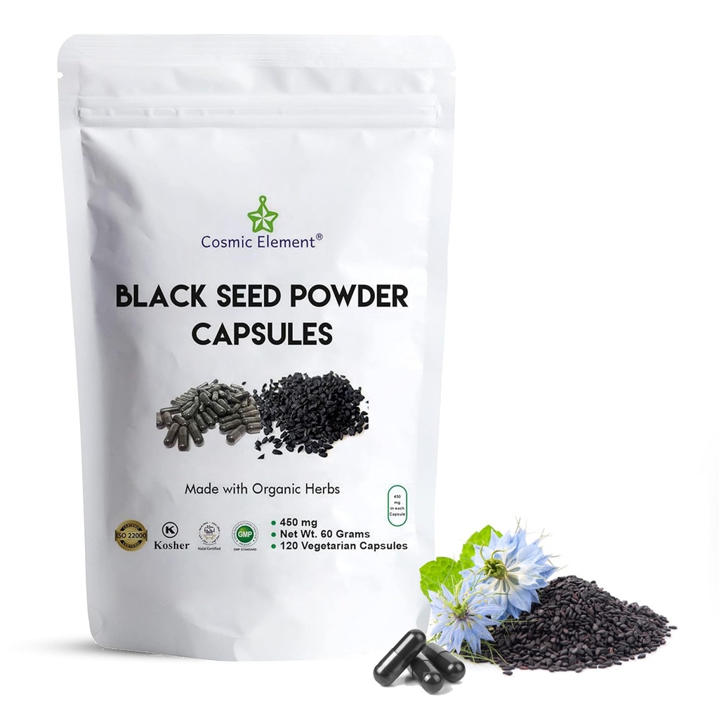 Cosmic Element 100% Pure Black Seed Powder Capsules Organic - Vegan Nigella Sativa 450 mg Musta Cumin Siemenet per Tarjoilu Health - 120 kapselia