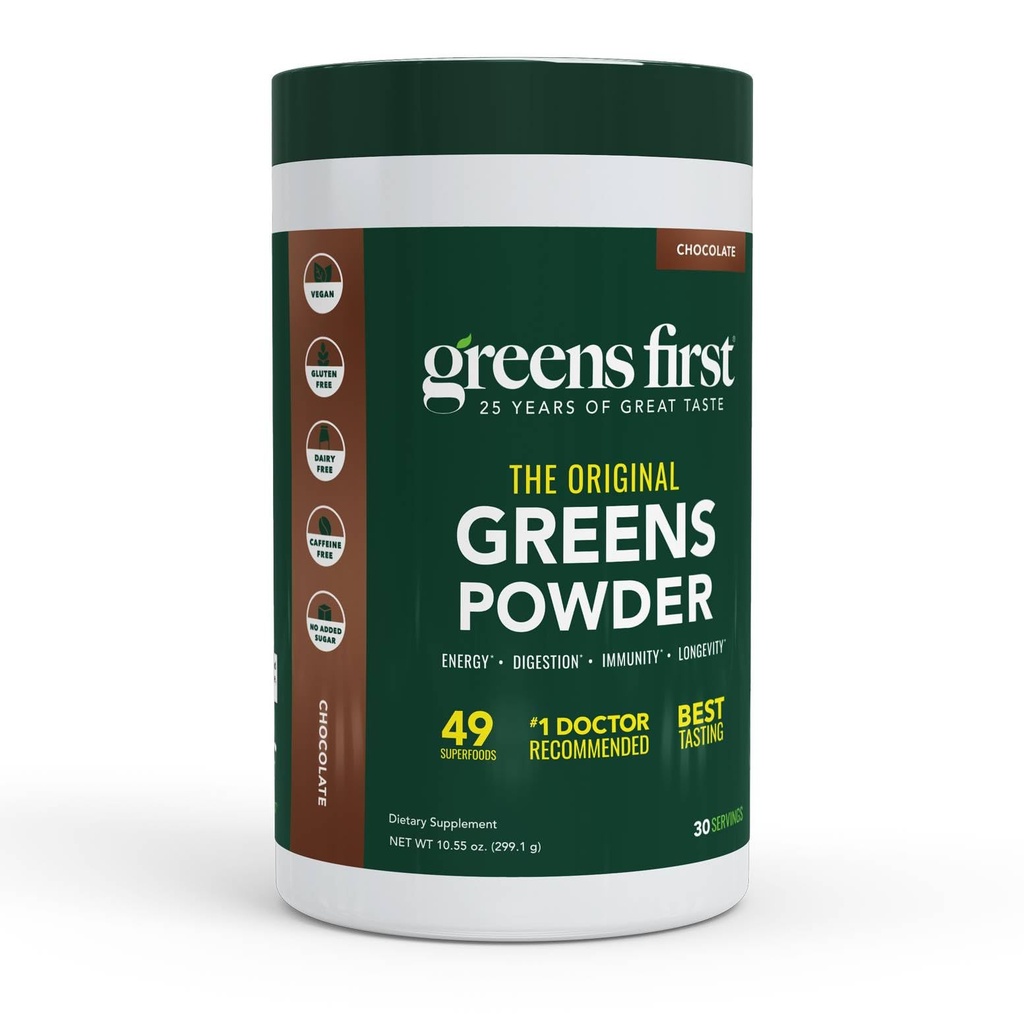Greens First Original Greens Powder - 49 Superfoods - Organic Fruits & Veggies - Prebiotika, Probiotika & Digestive Enzymes - Antioxidant Smoothie - Dairy Free, Vegan, Non-GMO (Chocolate, 30 Servings)