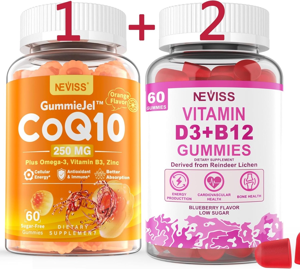 NEVISS Sugar-Free CoQ10-250mg Fylld Gummies,60Cts + Vegan Vitamin D3 5000IU & Methyl B12 1000mcg Gummies, 120Cts