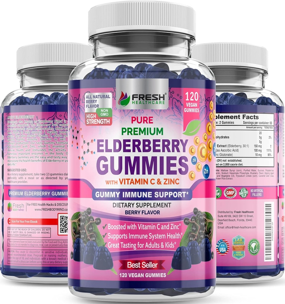 TUOREET TERVEYSCARE Elderberry Gummies kanssa C-vitamiini, sinkki & Sambucus Elderberry 30:1 uute - 100% Vegaani - Immuuni tuki aikuisille & lapsille - 120 Count Gummy Supplement