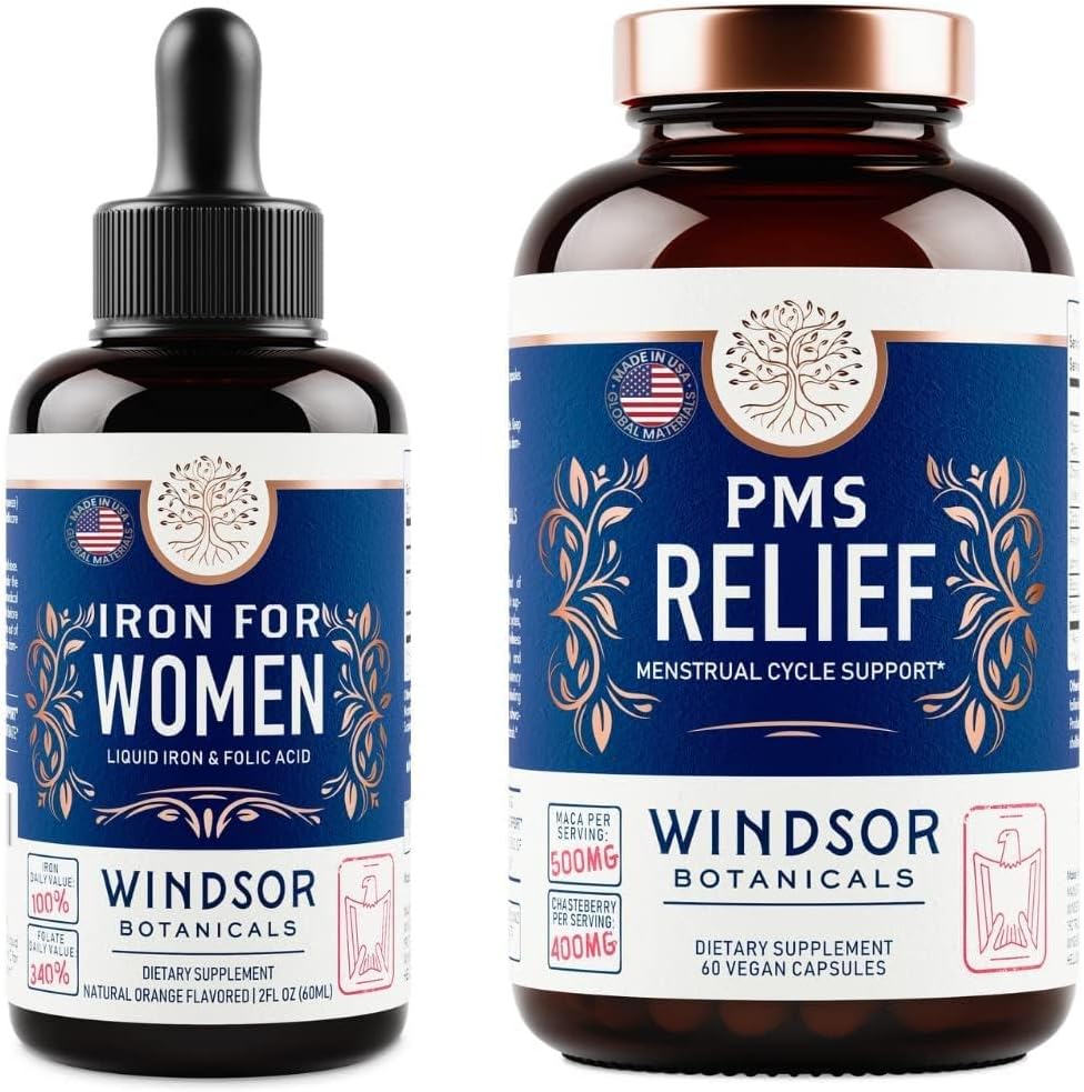 WINDSOR BOTANICALS Nestemäinen rauta ja PMS Relief kapselit Naisten Bundle