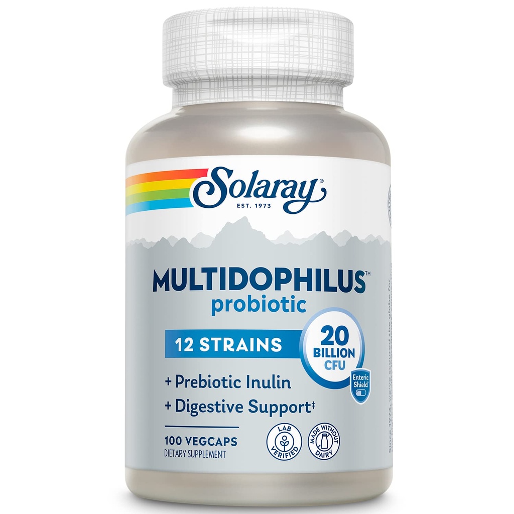 SOLARAY Multidophilus 12 Strain Probiotic 20 Billion CFU, Probiotika för Digestive Health and Gut Health Support, Prebiotic Inulin, No Dairy, 50 Serv, 100 VegCaps