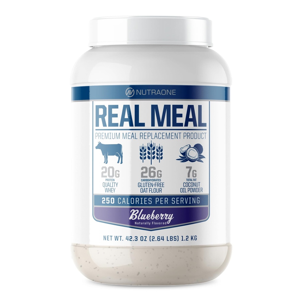 Real Meal by NutraOne - Täydellinen ateriankorvikejauhe arjen tavoitteita ...sisältäen Whey Protein, Coconut Oil ja Gluteeniton Kaura* (Blueberry 2.6 lbs.)
