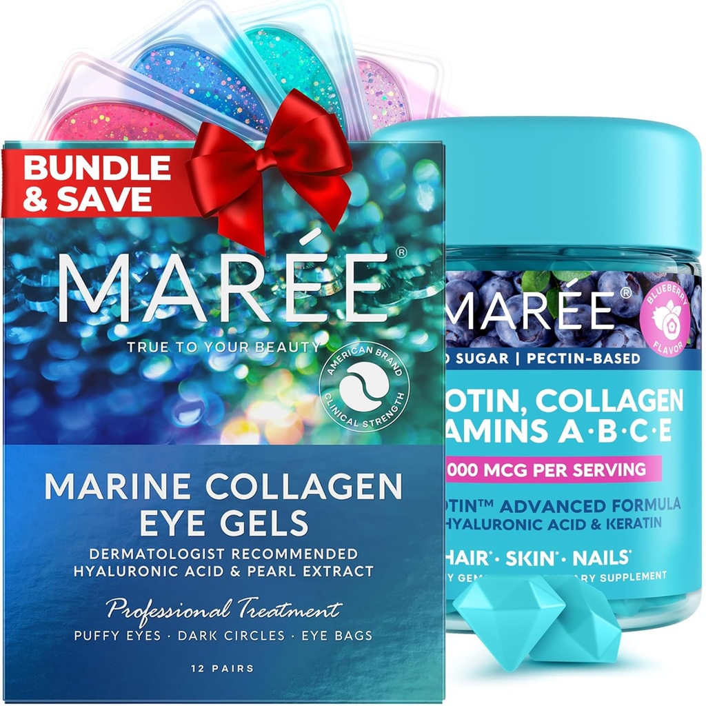MAREE Beauty Bundle - Under Eye Geels & Biotin Gummies - Marine Collagen & Hyaluronic Acid, A B C E Vitamiinit Complex Keratin & Pantotenic Acid - De-puff silmät & tummat ympyrät, iho, kynnet & hiukset