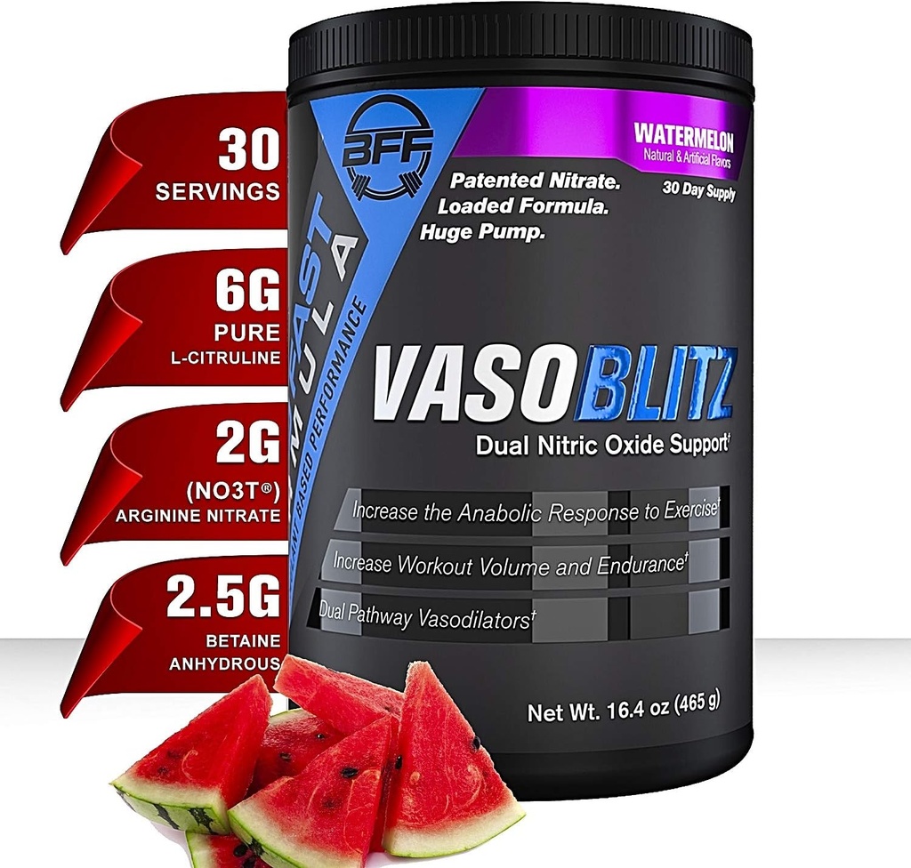 VASOBLITZ Award Winning Dual Typpioksidi Pre Treout kanssa NO3T Arginiininitraatti,L-sitrulliini, Betaiini Vedetön,Kalsiumlaktaatti, kofeiini Ilmainen lihasten endurance(30 Serving) (Watermelon)