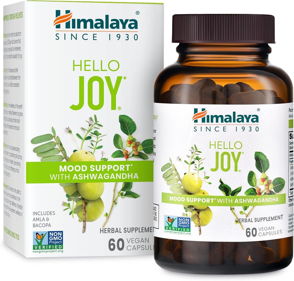 Himalaya Hello Joy Herbal Supplement, med Ashwagandha, Amla, Bacopa, Holy Basil/Tulsi, Positive Outlook, stöder Motivation, Stress Relief, Balanced Cortisol, Non-GMO, Vegan, 60 Capsules