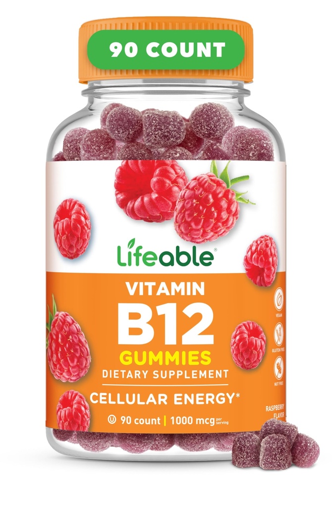 Livlig vitamin B12 Gummies för vuxna | 1000 mcg | Stor smak B12 Vitaminer | Icke-GMO, Vegan B12 | för energi och metabolism Support | 90 Gummies