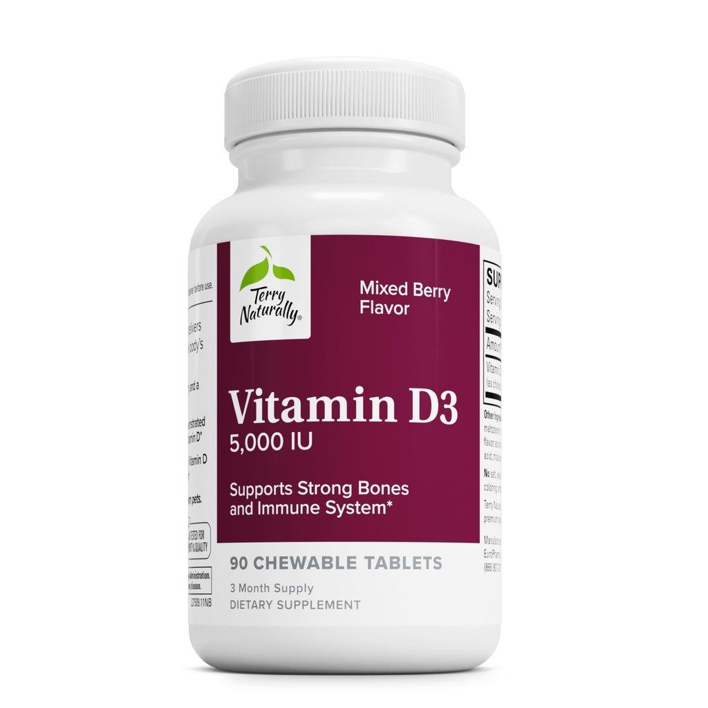 Terry Naturally Vitamin D3 - Bone Health & Bone Strength Supplement - Dietary Supplement för Immune System & Brain Support - 5 000 IE Vitamin D tabletter med blandad Berry Flavor - 90 Chewable tabletter