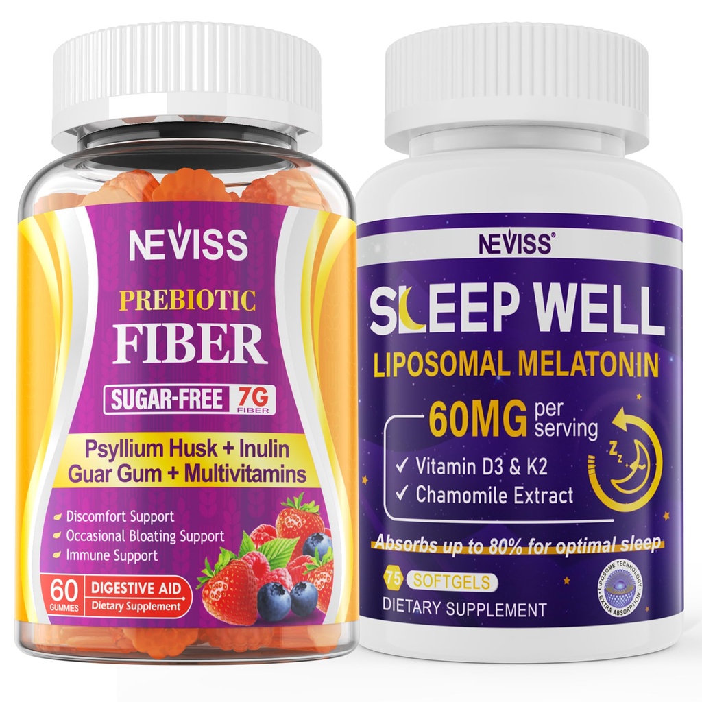 NEVISS Prebioottikuitu 7G Gummies aikuisille + melatoniini 60 mg aikuisille Bundle