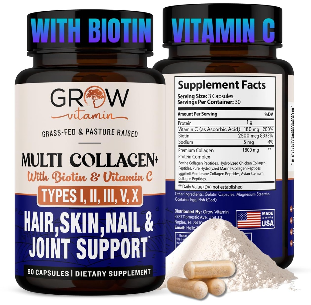 kasvaa vitamiini Multi Collagen kapselit 1800MG (tyypit I, II, III, V & X) - Ei GMO, Grass Fed Kollagen - anti ikääntymistä tukea hiukset, iho, kynnet - proteiini pillereitä Joint Support - 90 kapselia