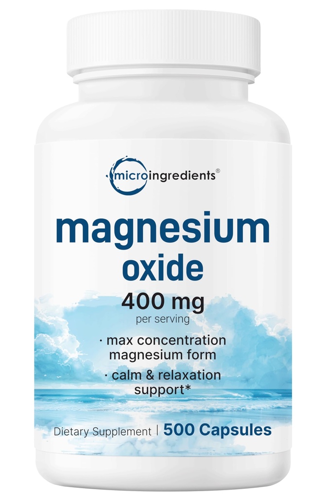 Magnesiumoksidi 400 mg, 500 kapselia ... Elementti Max-konsentraatiolle... tukee rauhoittavaa, lihasten ja hermojen terveyttä...