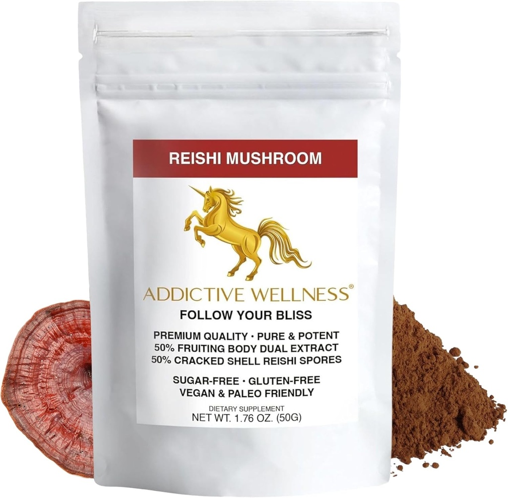 Addictive Wellness Reishi Sieniuute Powder + itiöt (50/50 Blend) Puu Kasvatettu Pure & Potent Wildcrafted Ganoderma 50g (1,76 oz)