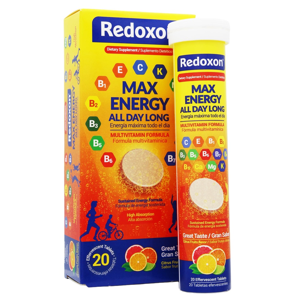 Redoxon Max Energy, auttaa tukemaan Inmune System, Citrus Flavor, 20 Effervescent Tablets, 2.82 Oz, Box